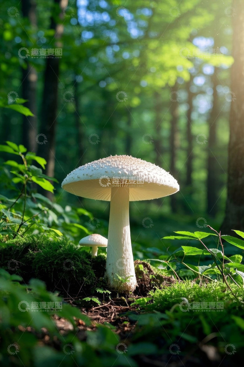 高清大图下载【趣麦麦图】森林中的白色蘑菇特写