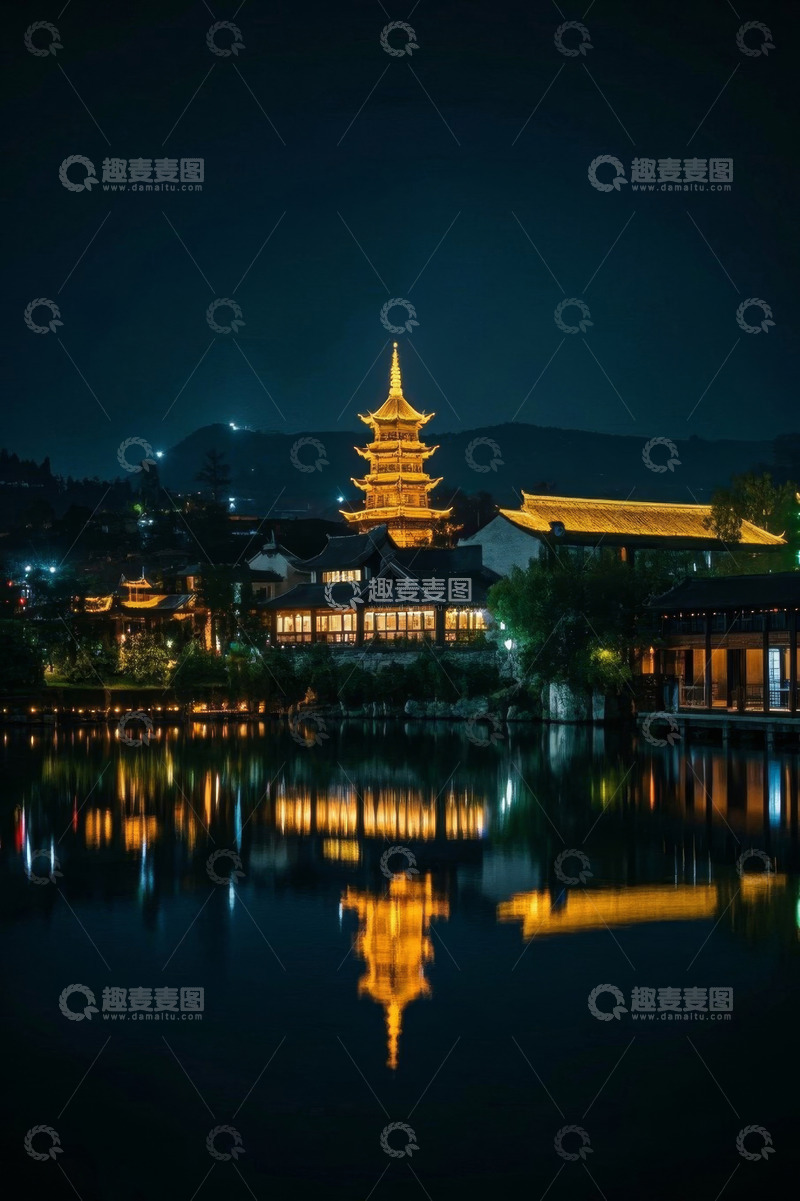 高清大图下载【趣麦麦图】夜晚湖畔古建筑风景
