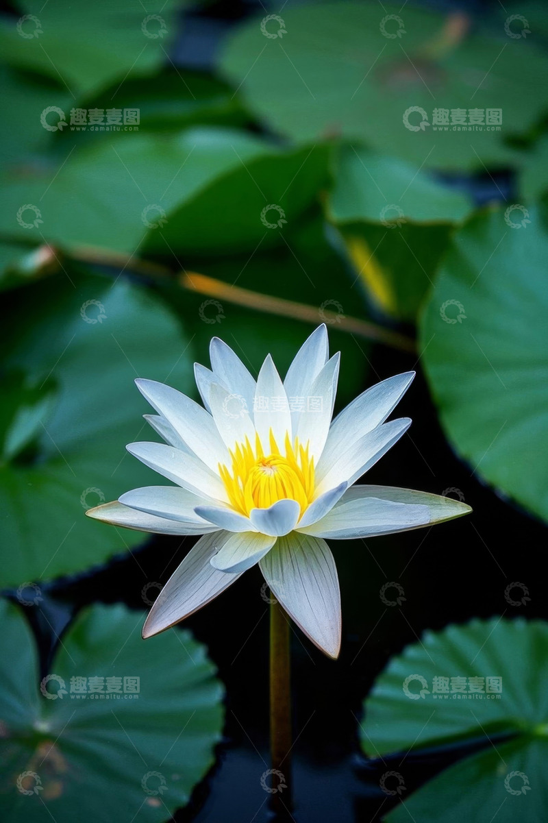 高清大图下载【趣麦麦图】白色睡莲与绿色荷叶特写