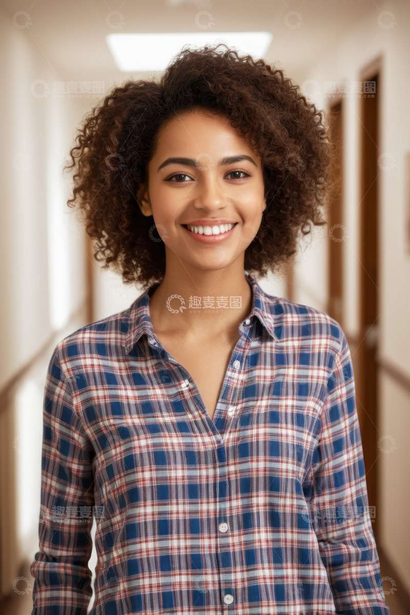 高清大图下载【趣麦麦图】走廊中微笑的卷发女子