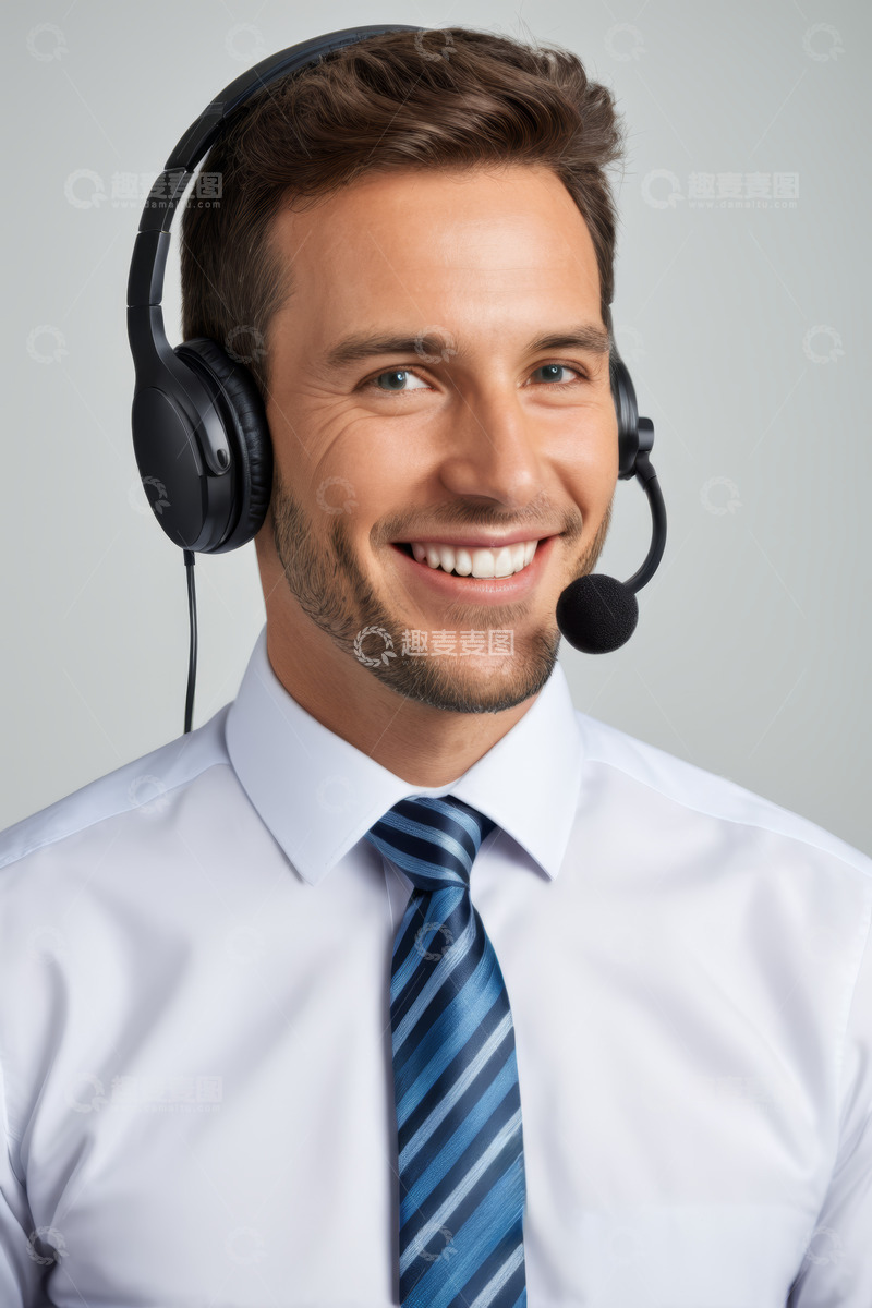高清大图下载【趣麦麦图】戴耳机微笑的男性客服人员