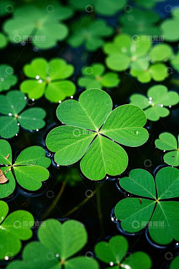 高清大图下载【趣麦麦图】水面上的绿色四叶草特写