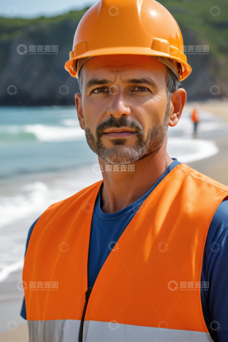 高清大图下载【趣麦麦图】海边戴安全帽穿反光背心男子
