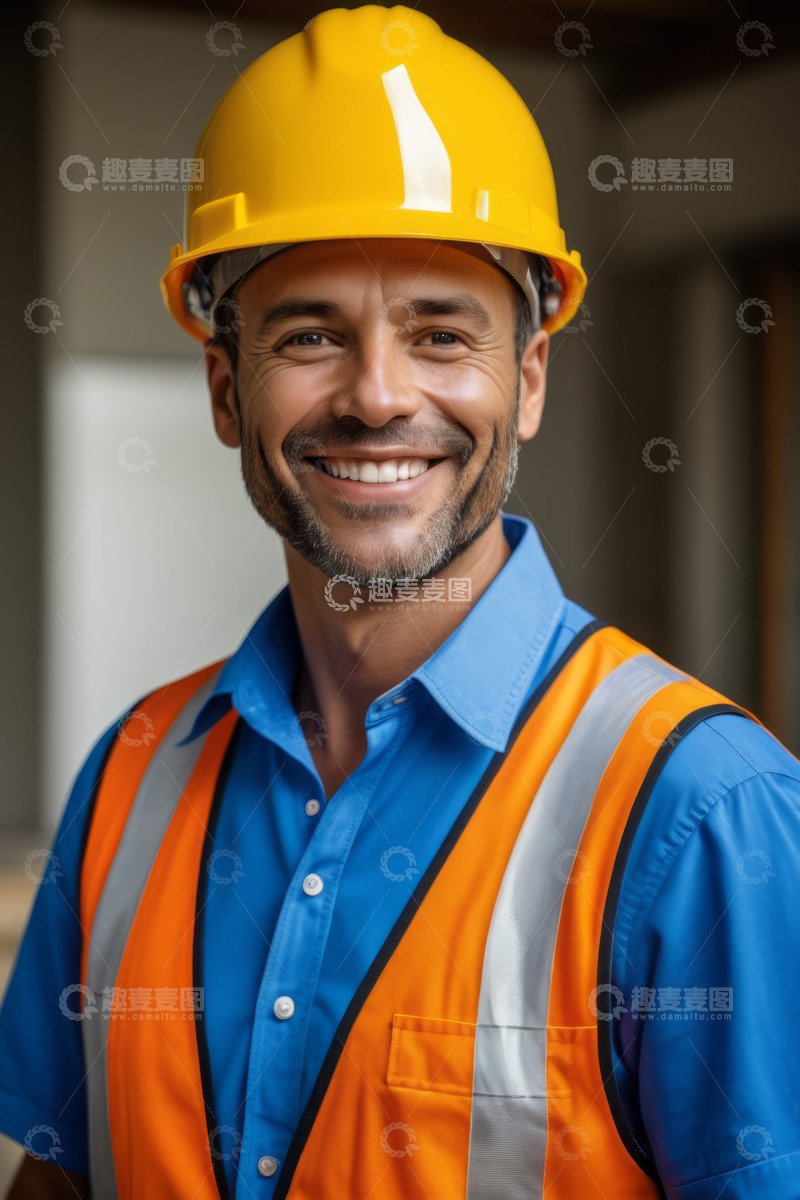 高清大图下载【趣麦麦图】戴安全帽微笑的建筑工人