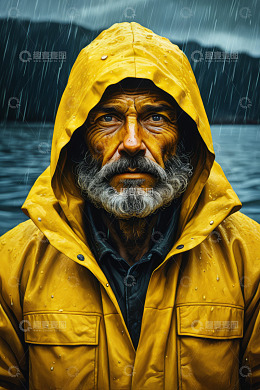 穿黄色雨衣老者雨中特写