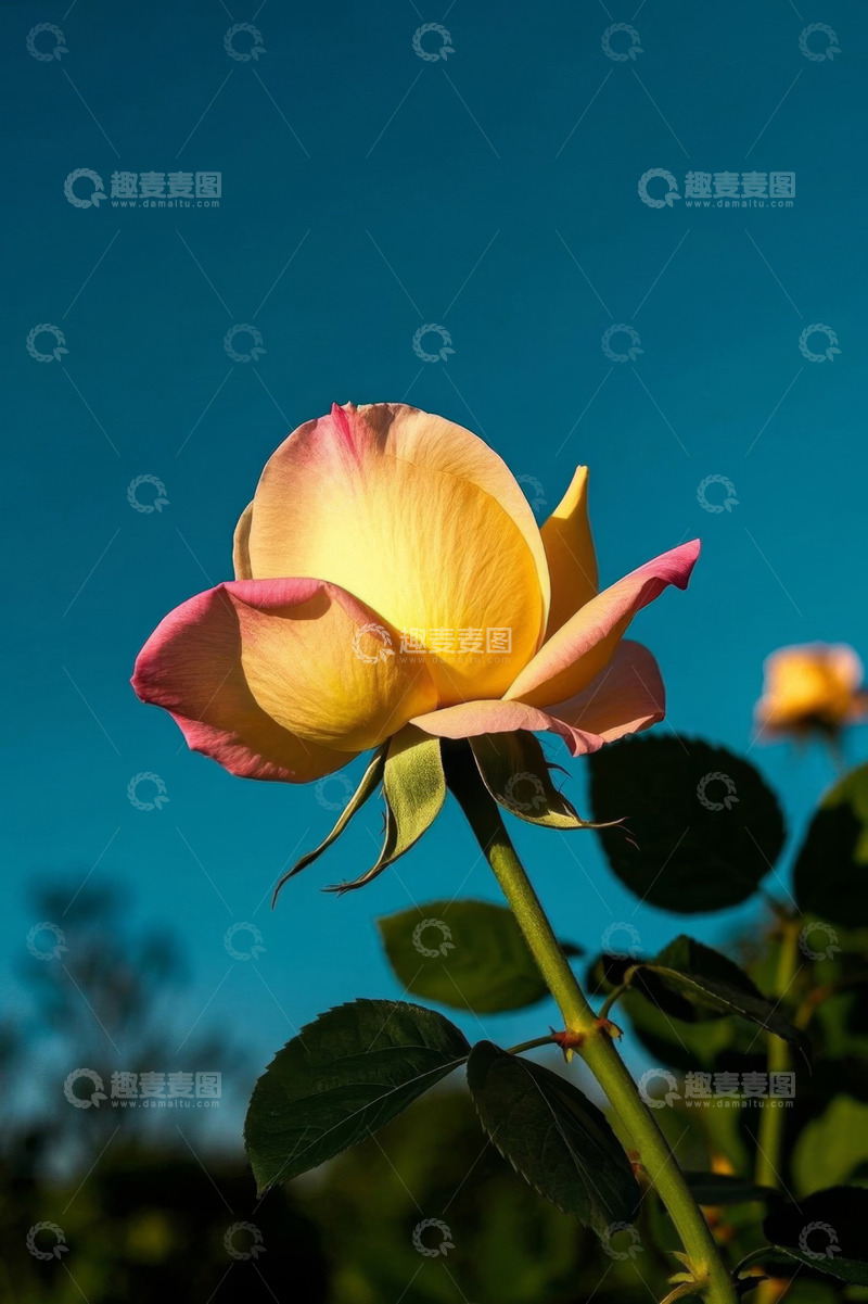 高清大图下载【趣麦麦图】蓝天下盛开的黄粉相间玫瑰花