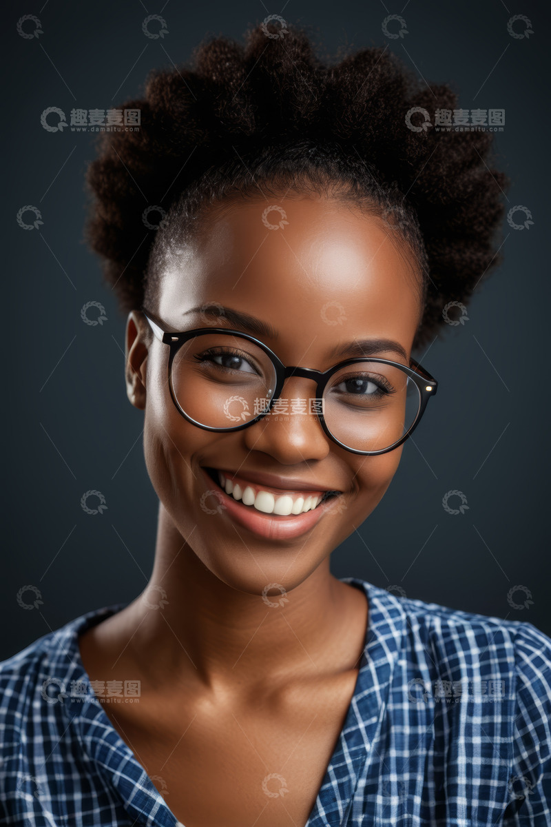 高清大图下载【趣麦麦图】戴眼镜微笑的非洲裔女性肖像
