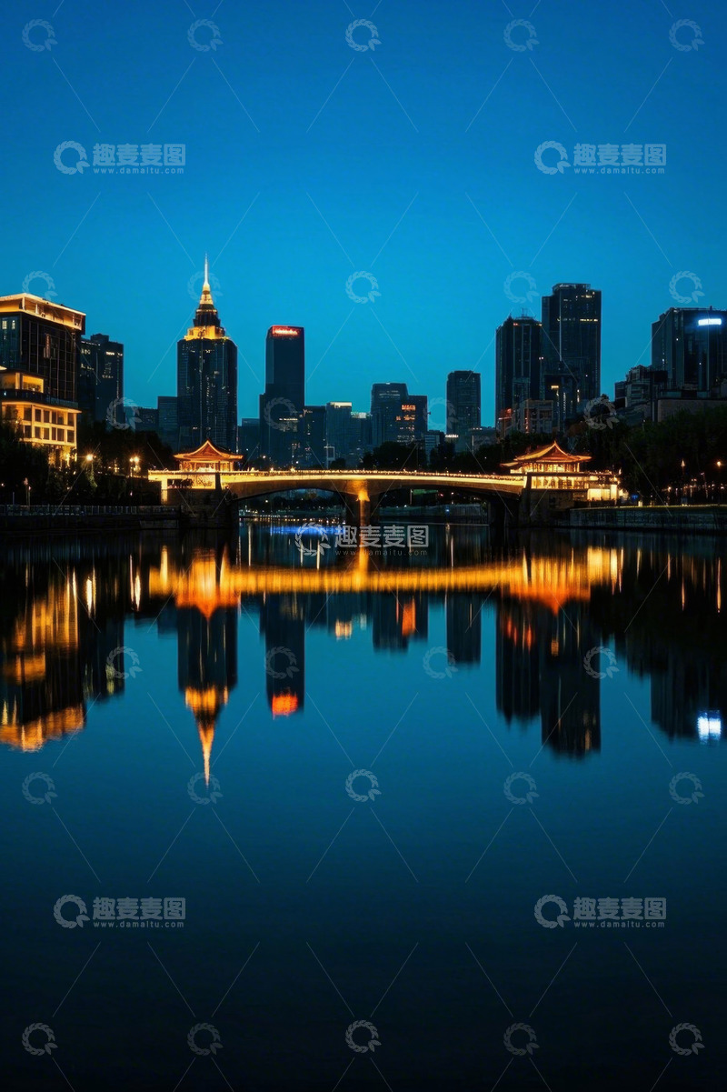 高清大图下载【趣麦麦图】城市桥梁夜景倒影风光