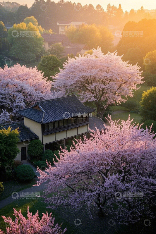 樱花环绕的中式建筑景观