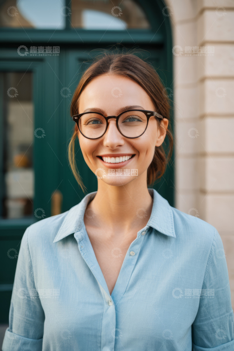 高清大图下载【趣麦麦图】戴眼镜微笑的年轻女性肖像