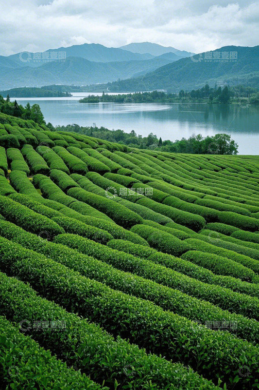 湖畔整齐排列的绿色茶园