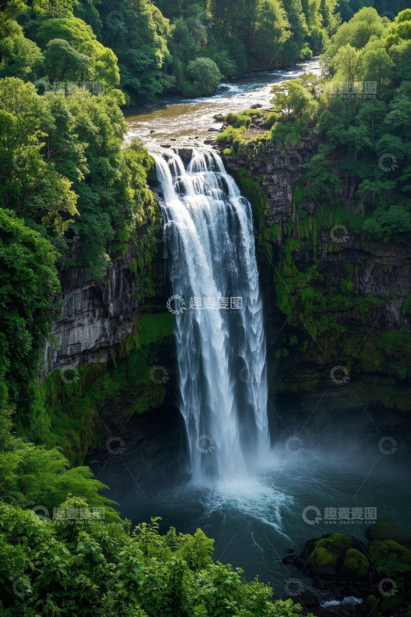 高清大图下载【趣麦麦图】森林中的壮丽瀑布景观