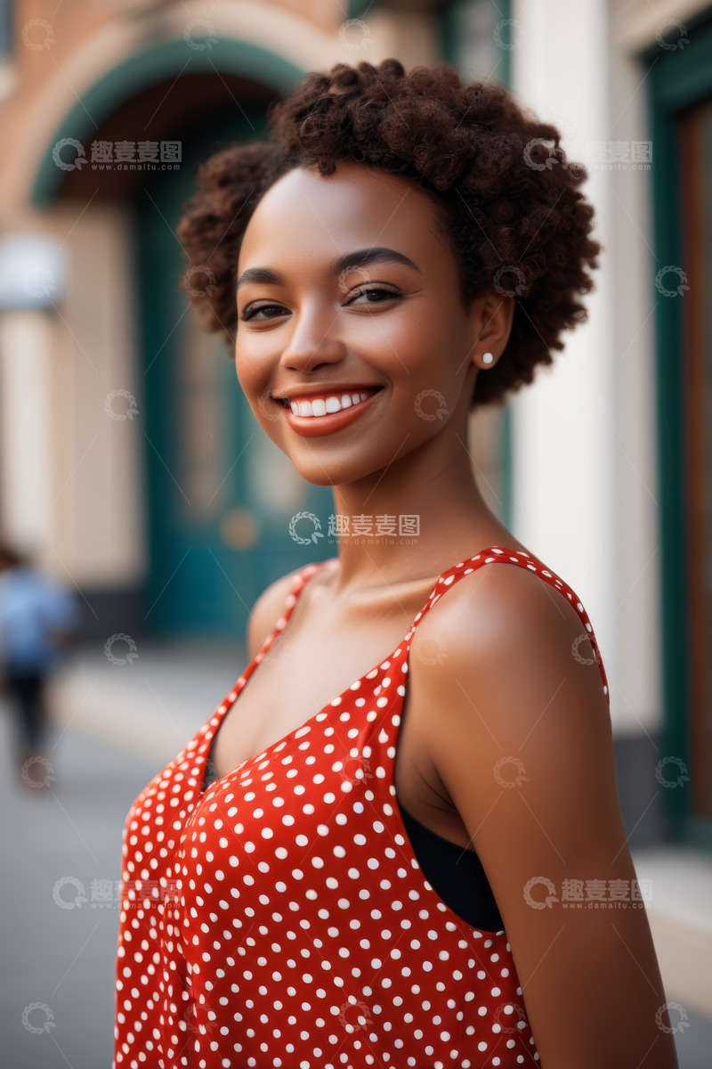 高清大图下载【趣麦麦图】街头微笑的非洲裔女性肖像