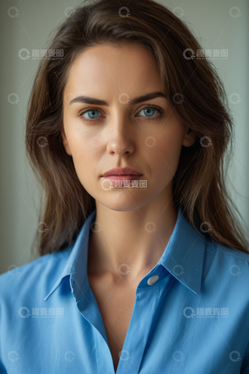 高清大图下载【趣麦麦图】身着蓝衬衫的女性正面肖像