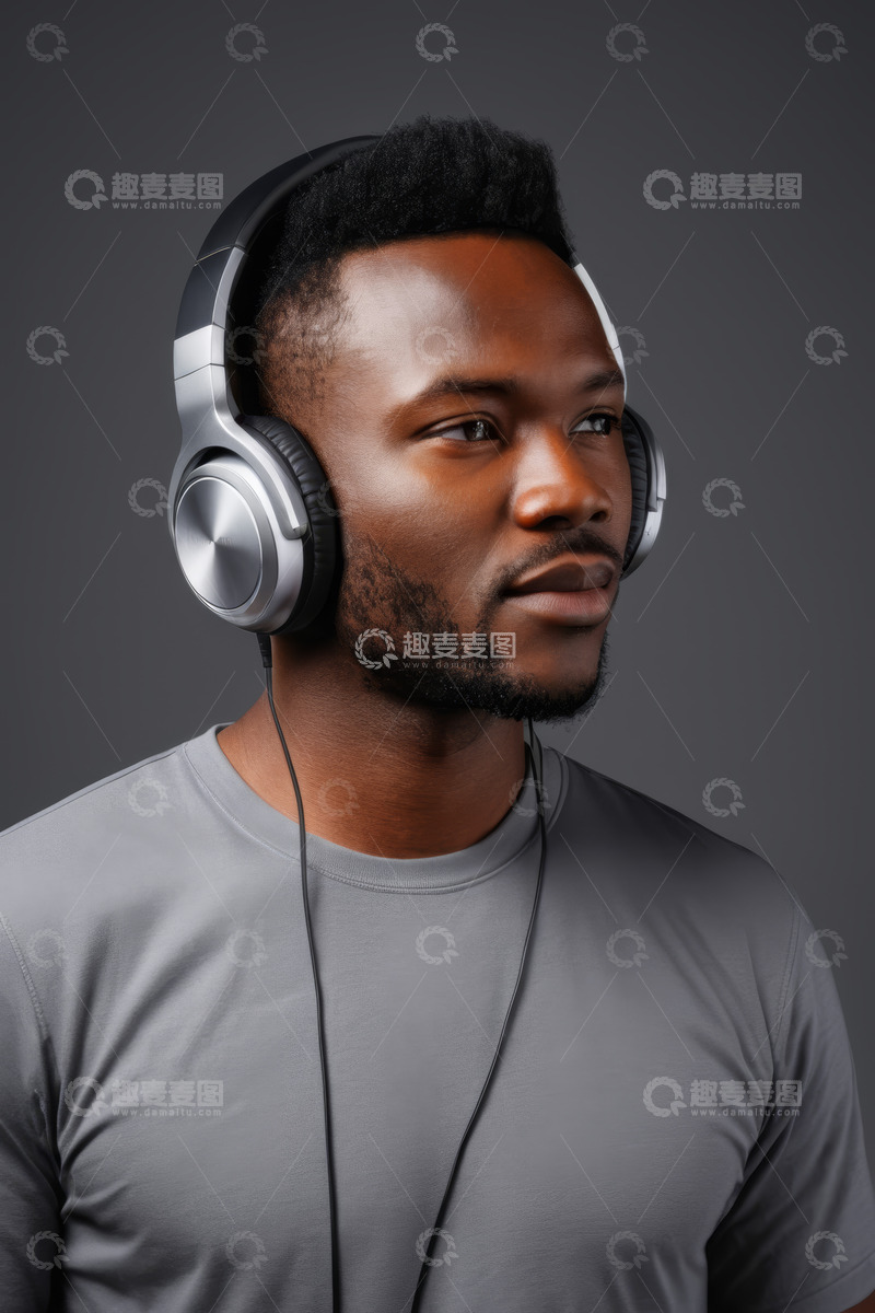 高清大图下载【趣麦麦图】戴耳机的年轻黑人男子