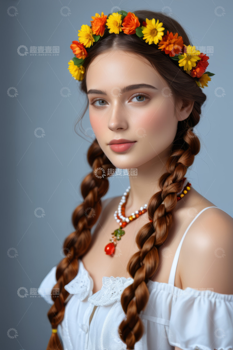 高清大图下载【趣麦麦图】戴花环编发的年轻女子肖像