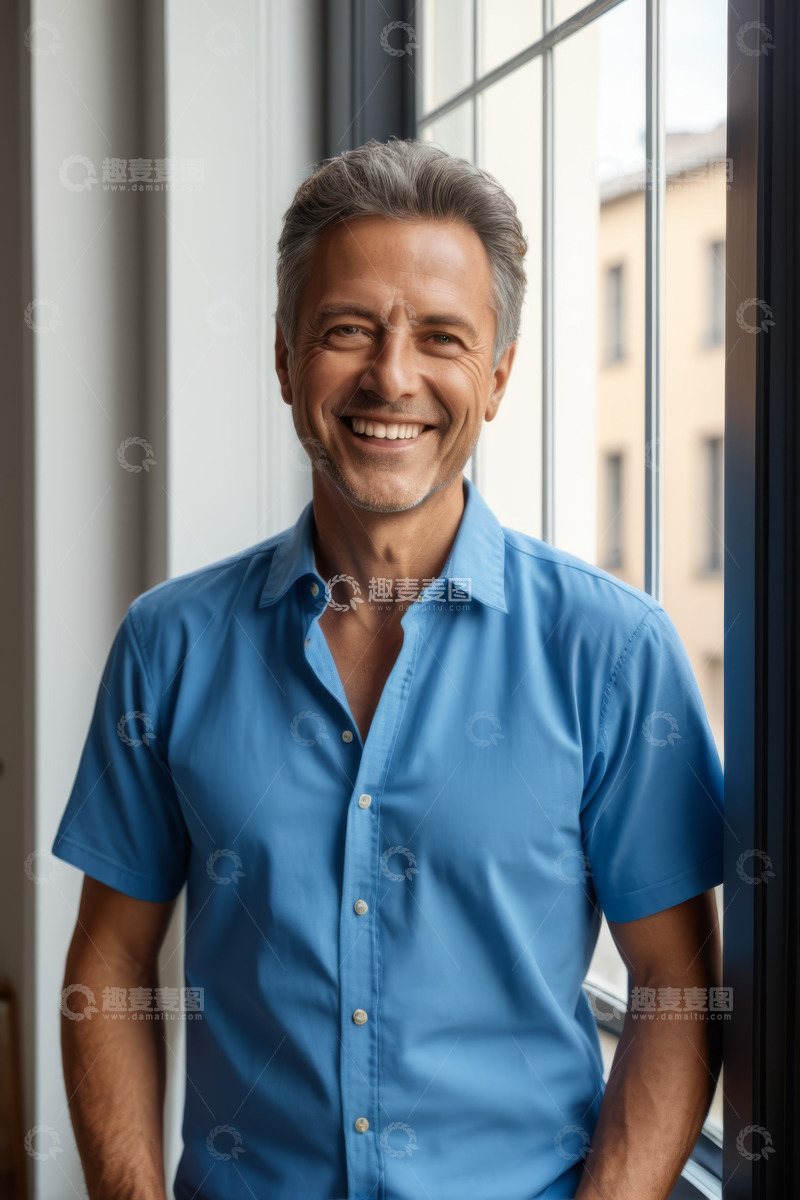 高清大图下载【趣麦麦图】窗边微笑的中年男子