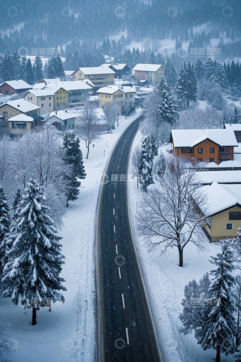 高清大图下载【趣麦麦图】雪后乡村公路与房屋景观