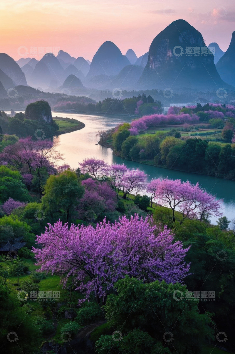 高清大图下载【趣麦麦图】桂林阳朔山水与盛开的繁花