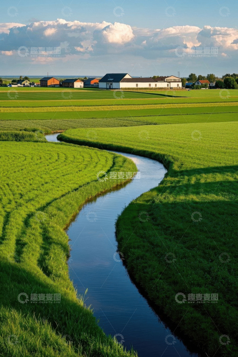 高清大图下载【趣麦麦图】田野间蜿蜒小河与远处房屋
