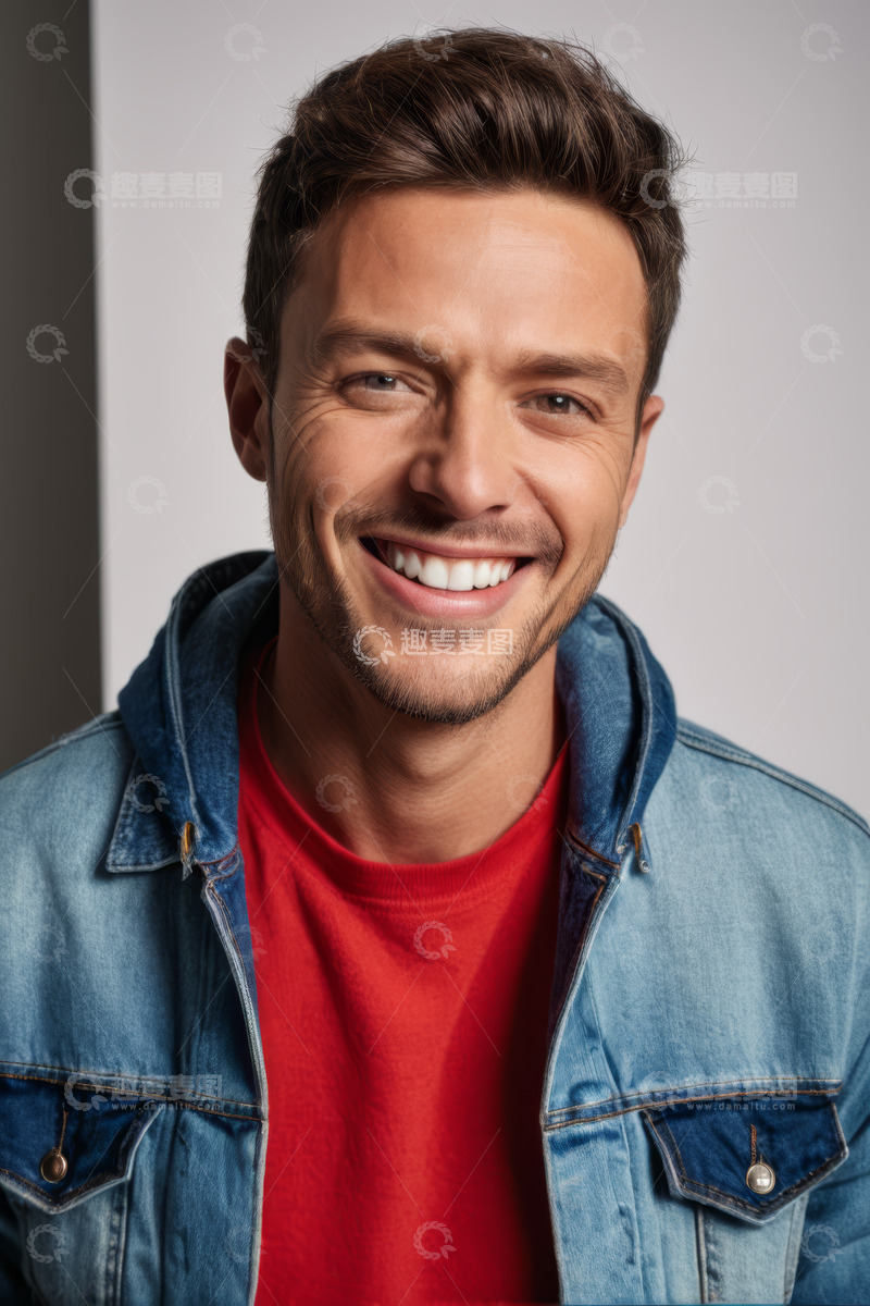 高清大图下载【趣麦麦图】穿着牛仔夹克微笑的男士肖像