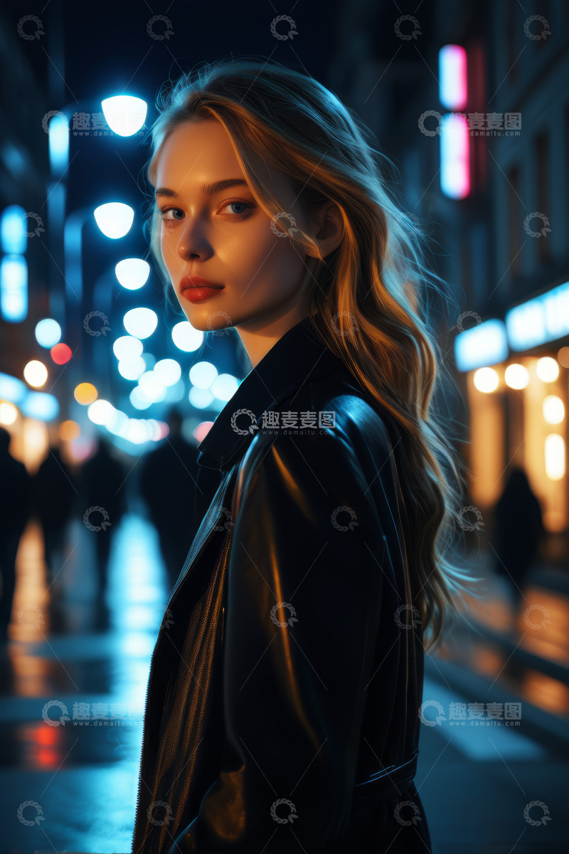 高清大图下载【趣麦麦图】夜晚街头金发女子半身像