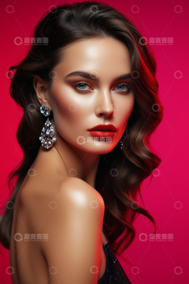 高清大图下载【趣麦麦图】时尚女人红色背景肖像特写