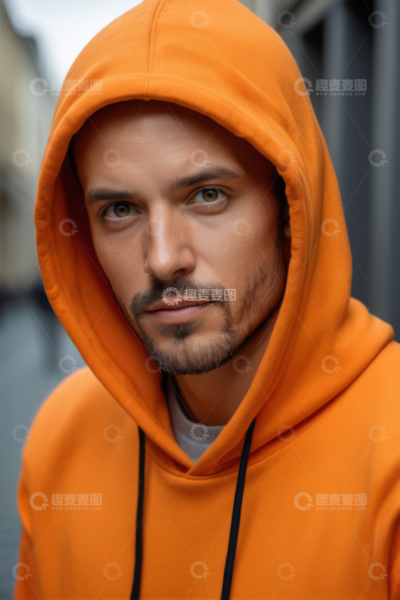 高清大图下载【趣麦麦图】穿橙色连帽衫的男子肖像