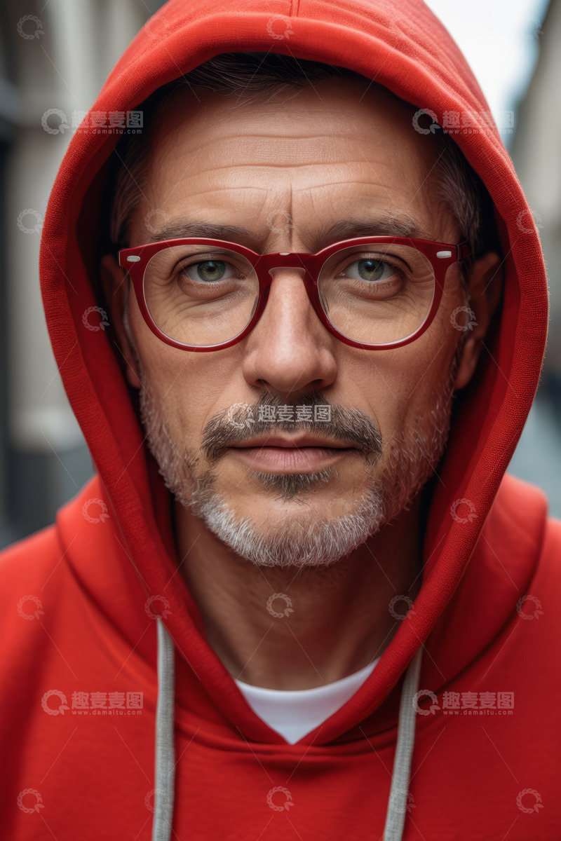 高清大图下载【趣麦麦图】戴红框眼镜穿红卫衣的男子