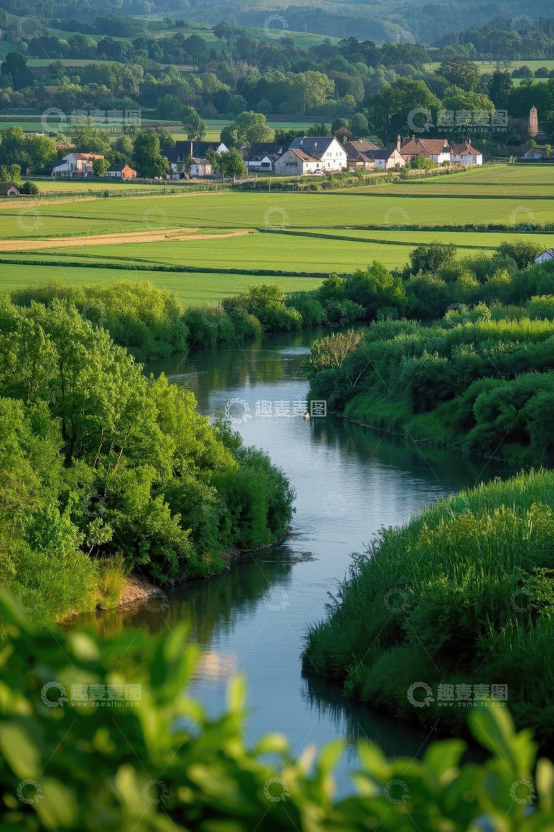 高清大图下载【趣麦麦图】乡村河畔绿色田野风光
