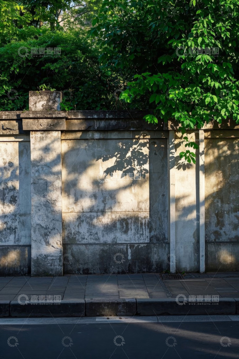 高清大图下载【趣麦麦图】阳光下斑驳墙面与绿植景观