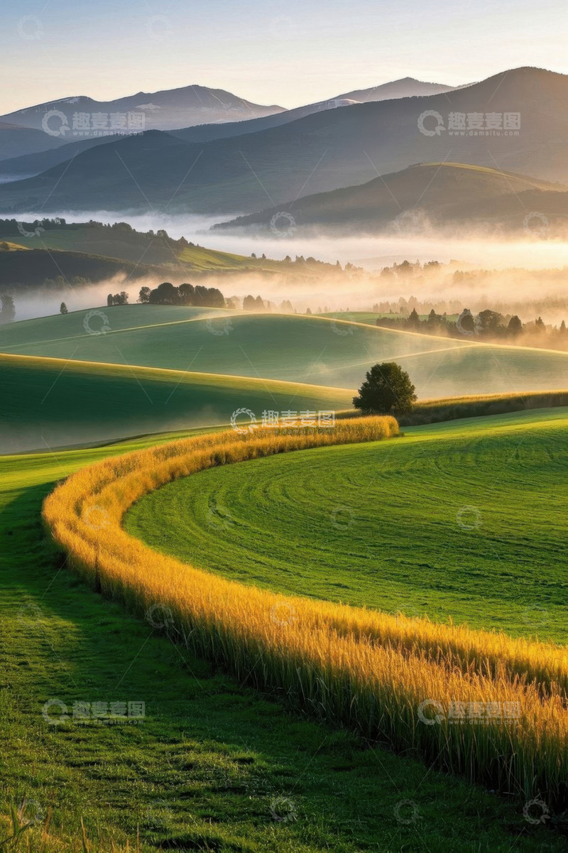 高清大图下载【趣麦麦图】清晨山间绿色田野风景
