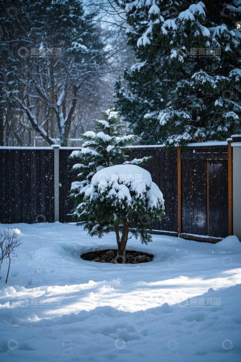 高清大图下载【趣麦麦图】庭院中被雪覆盖的松树