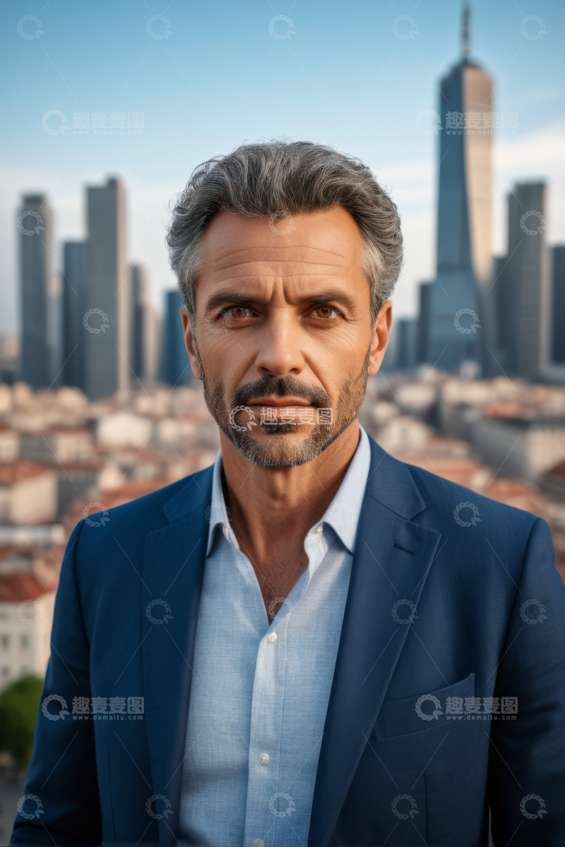 高清大图下载【趣麦麦图】西装男子于城市背景前的肖像