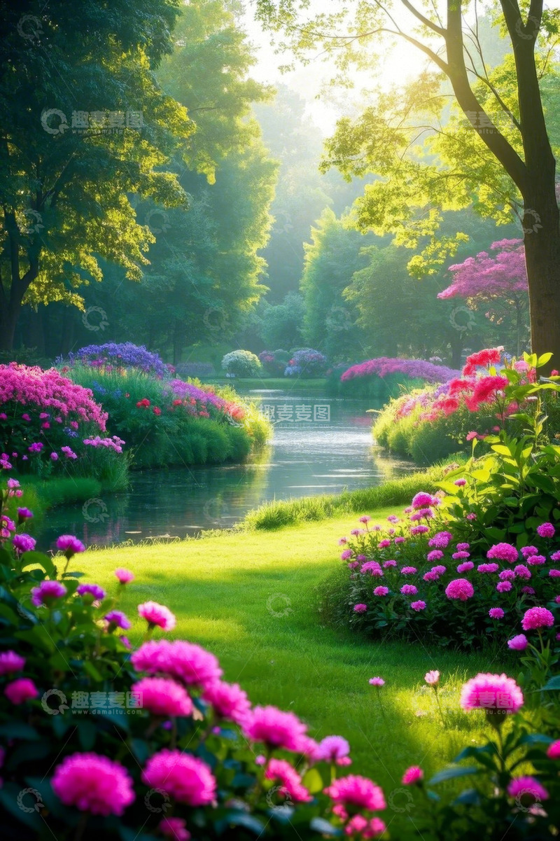 高清大图下载【趣麦麦图】阳光照耀下的花园河流美景
