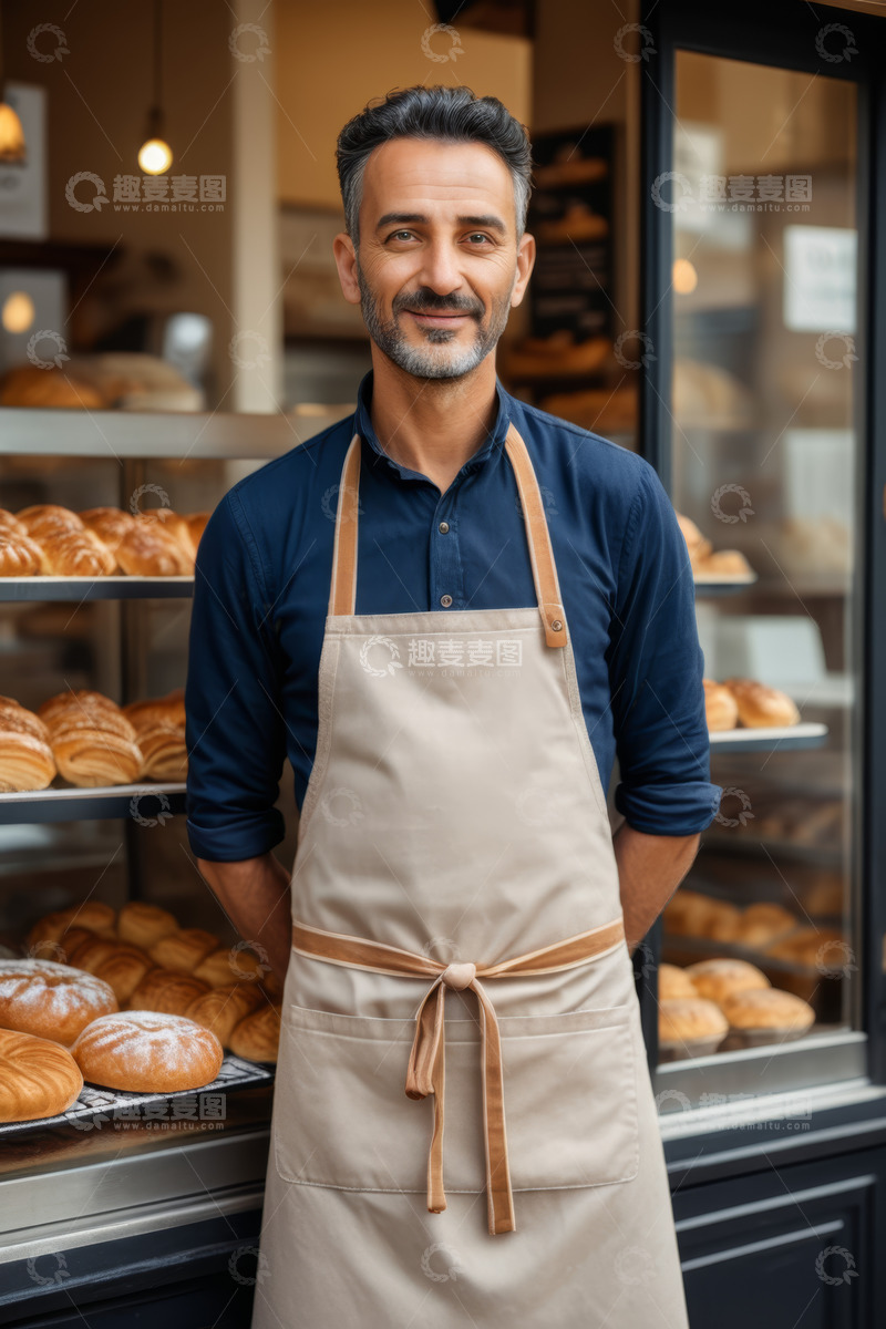 高清大图下载【趣麦麦图】面包店中年男性店员站姿形象