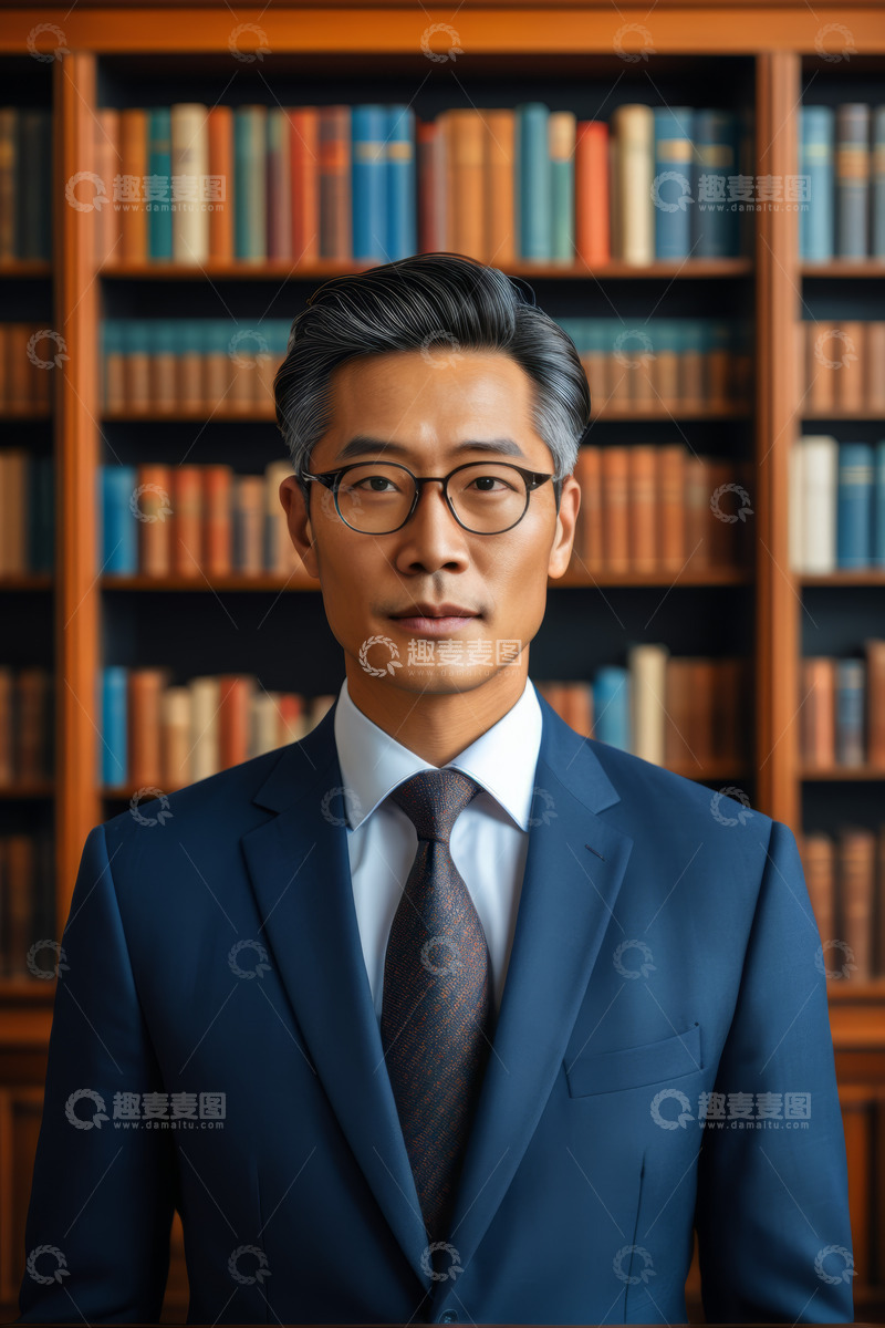 高清大图下载【趣麦麦图】西装男子于书架前的肖像