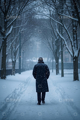 雪中行人漫步林间小道