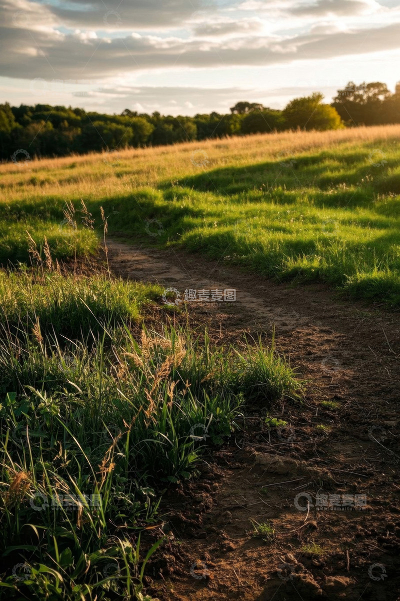 高清大图下载【趣麦麦图】黄昏时分草地与林间小道景观