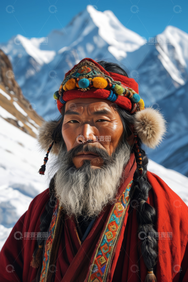 高清大图下载【趣麦麦图】雪山前身着民族服饰的老人