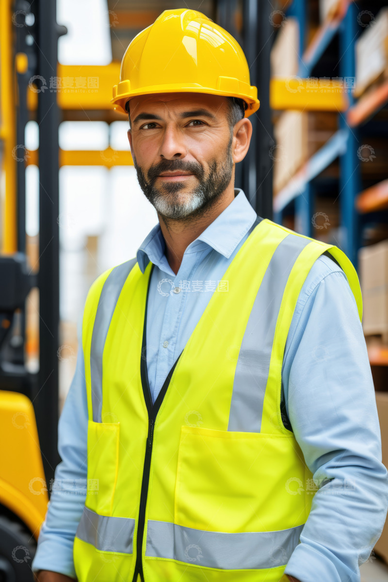 高清大图下载【趣麦麦图】仓库工人穿着反光背心戴安全帽