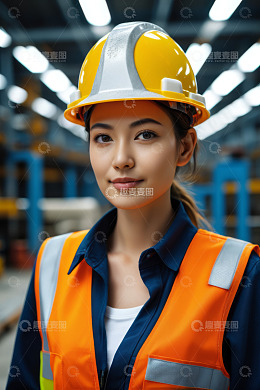 工厂女工人头戴安全帽肖像