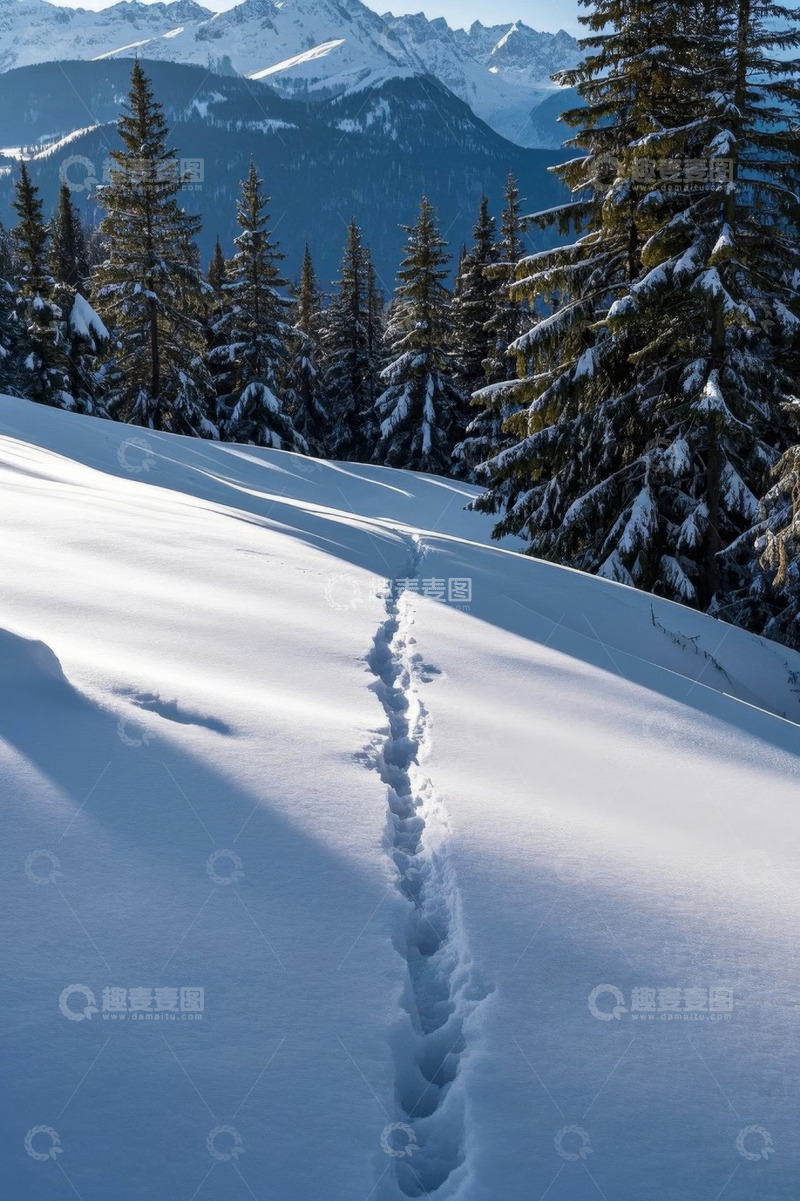 高清大图下载【趣麦麦图】雪山森林间雪地上的一串脚印