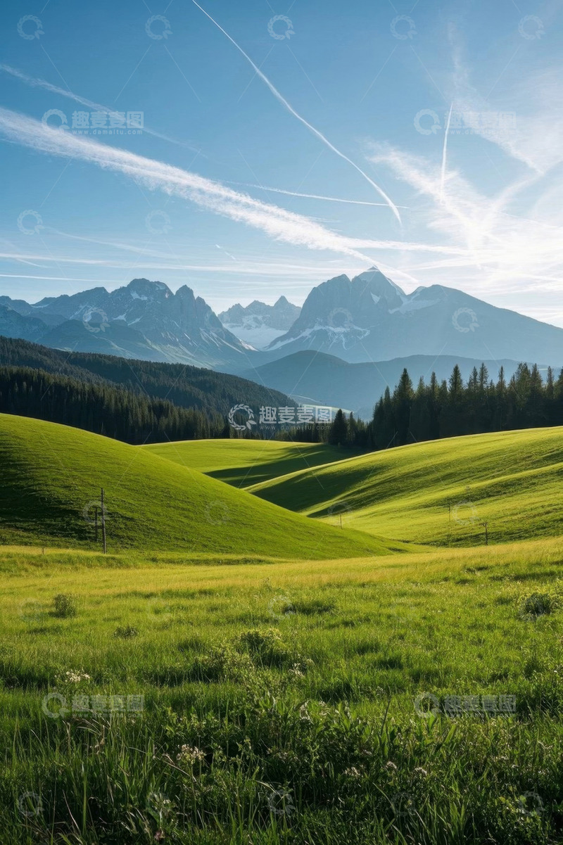 高清大图下载【趣麦麦图】绿色山丘与远方雪山自然风景