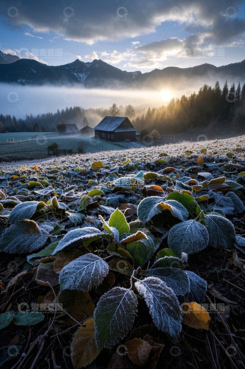 高清大图下载【趣麦麦图】山间晨景带霜叶与木屋