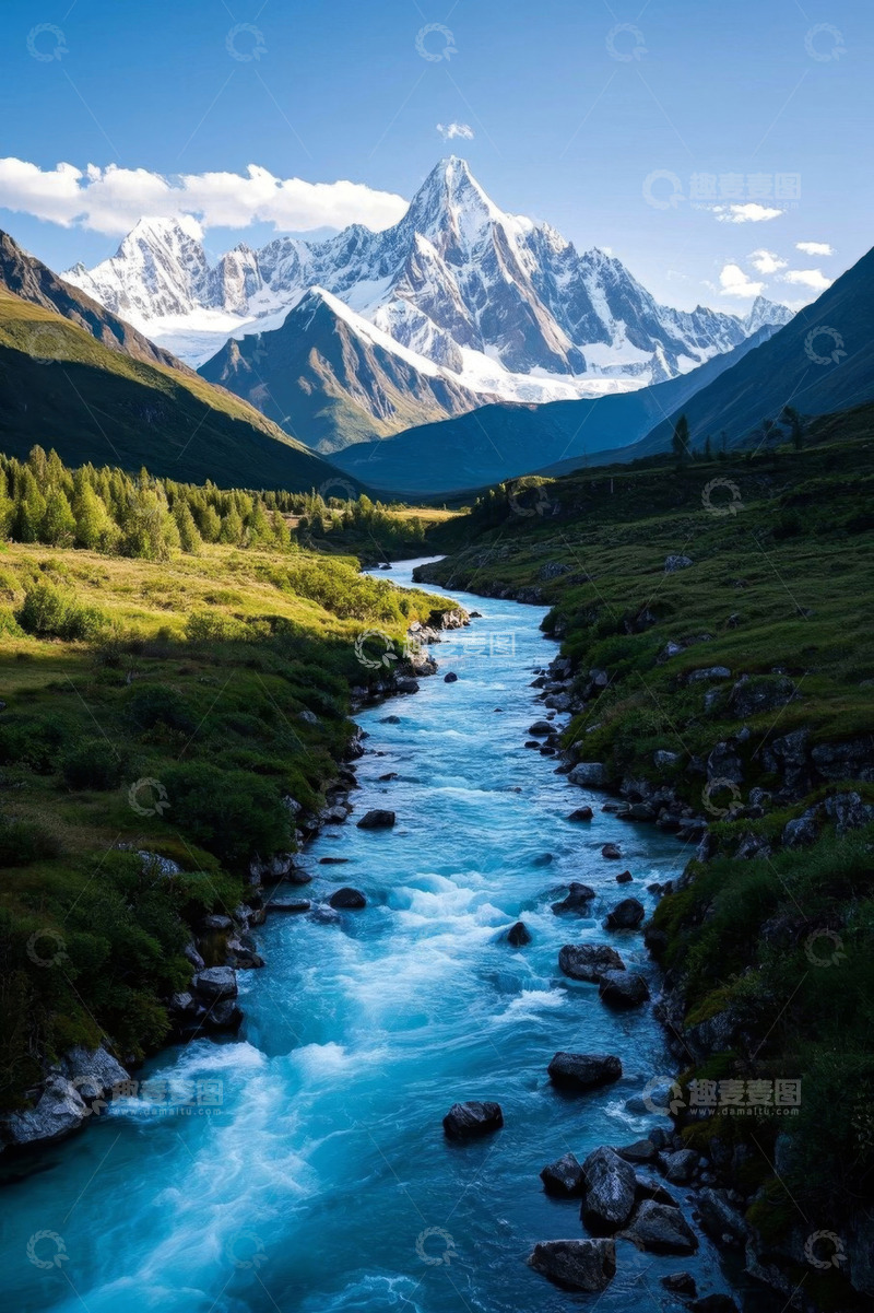 高清大图下载【趣麦麦图】山间河流与雪山自然风光