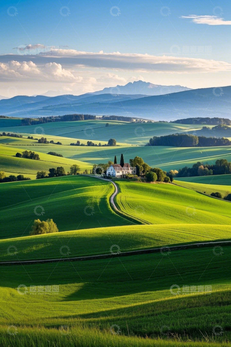 高清大图下载【趣麦麦图】田园山丘间的小屋风景