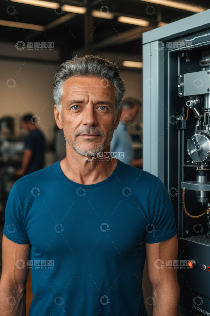 高清大图下载【趣麦麦图】工厂中穿蓝色T恤的男人