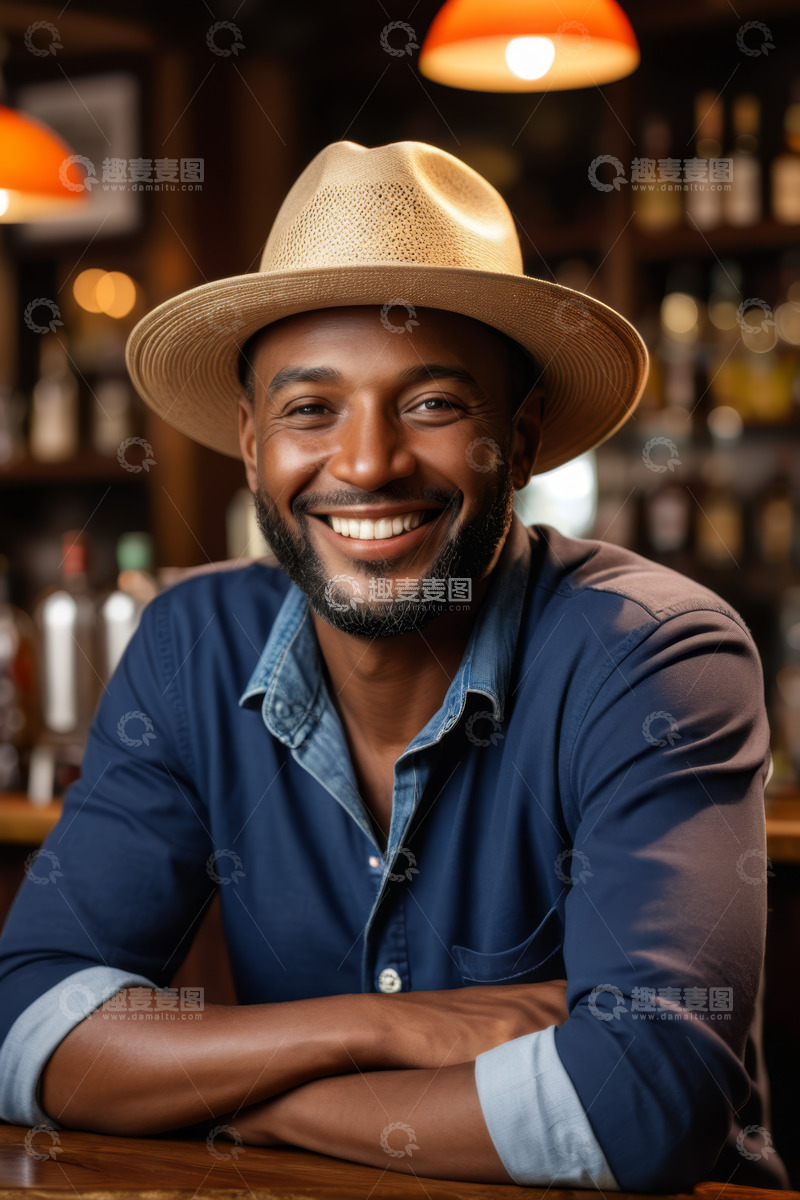 高清大图下载【趣麦麦图】戴帽非裔男子酒吧微笑特写