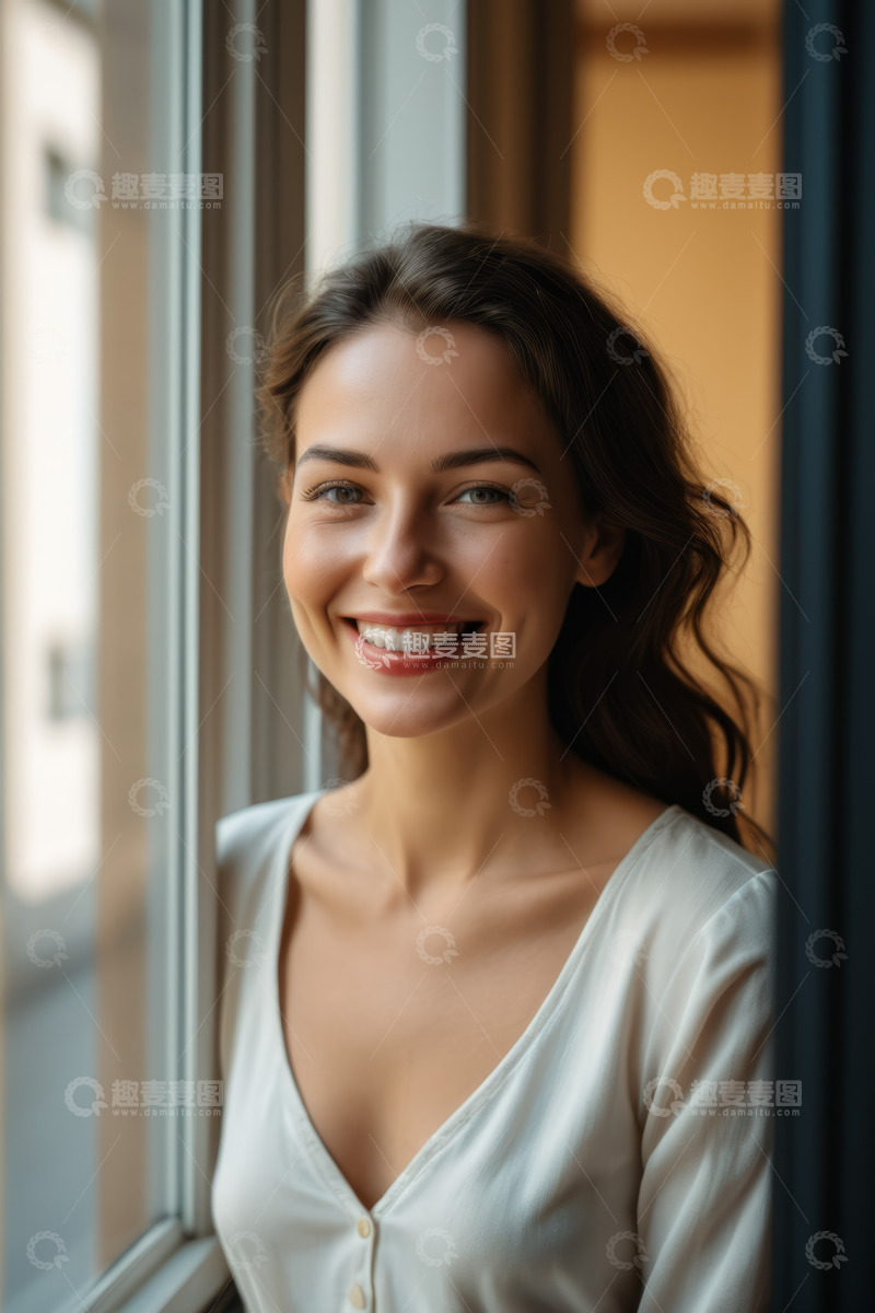高清大图下载【趣麦麦图】窗边微笑的女性